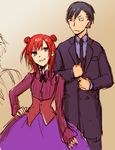  1girl brother_and_sister brown_eyes double_bun dress formal hoozuki-san_chi_no_aneki hoozuki_gorou hoozuki_haru igarashi_ran_(igatz) necktie official_art red_hair siblings suit 