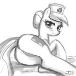  anus black_and_white blush butt cutie_mark edit equine eyelashes female feral friendship_is_magic hasbro horse john_joseco looking_at_viewer lying mammal monochrome my_little_pony nurse nurse_redheart_(mlp) on_side pony pussy solo tail 
