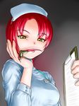  ^jj^ breasts claws clipboard finger_licking green_eyes grin hat licking medium_breasts my-hime name_tag nurse nurse_cap red_hair smile solo tongue yuuki_nao 