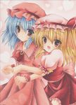  ascot bad_id bad_pixiv_id blonde_hair blue_hair blush bow brooch flandre_scarlet frilled_skirt frills hat hat_bow holding_hands hug hug_from_behind jewelry kirihara_natsuki marker_(medium) millipen_(medium) multiple_girls puffy_sleeves red_eyes remilia_scarlet short_hair short_sleeves siblings sisters skirt skirt_set touhou traditional_media wrist_cuffs 