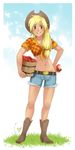  apple applejack bare_legs belt blonde_hair boots bucket cowboy_boots cowboy_hat denim denim_shorts food freckles front-tie_top fruit full_body green_eyes hand_on_hip hat high_heels long_hair low-tied_long_hair meago midriff my_little_pony my_little_pony_friendship_is_magic navel object_namesake personification plaid ponytail shirt shoes short_shorts short_sleeves shorts smile solo tan tied_shirt western 