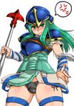  armor belt black_panties blue_armor blush fire_emblem fire_emblem:_souen_no_kiseki green_eyes green_hair helmet kitsune-tsuki_(getter) long_hair nephenee panties polearm side-tie_panties solo spear underwear weapon 