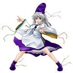  dress fighting_stance grey_eyes grey_hair hat k2isu mononobe_no_futo ponytail silver_hair simple_background solo standing tate_eboshi touhou 