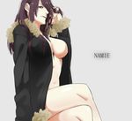  adjusting_hair arm_at_side bad_id bad_pixiv_id between_breasts black_hair black_jacket borrowed_garments breasts brown_eyes character_name cleavage coat crossed_legs durarara!! eyelashes fur-trimmed_jacket fur-trimmed_sleeves fur_trim grey_background hair_between_breasts hand_in_hair highres jacket komugi_(lio) large_breasts legs long_hair long_sleeves looking_at_viewer looking_down naked_coat open_clothes open_jacket parted_lips profile purple_hair sideways_glance simple_background sitting solo thighs yagiri_namie 