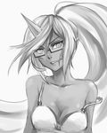  bra breasts cleavage demon_girl face fang glasses greyscale grin horn kneesocks_(psg) lingerie long_hair medium_breasts monochrome off_shoulder panty_&amp;_stocking_with_garterbelt pas_(paxiti) pointy_ears ponytail ringed_eyes smile solo strap_slip underwear 