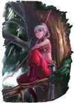  arrow blue_eyes bow_(weapon) braid copyright_request hair_over_shoulder midriff pants pink_hair quiver sandals shu-mai single_braid sitting solo tree weapon 