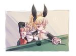  ball billiards blazblue blonde_hair bow citolo cue_stick detached_sleeves hair_bow leaning_forward long_hair pool_table rachel_alucard solo twintails 