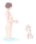  breasts brown_eyes brown_hair copyright_request nipples nude profile short_hair shu-mai simple_background small_breasts solo translated water 