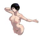  bad_hands black_eyes black_hair breasts brown_eyes character_request collarbone copyright_request curvy hand_on_own_head hands large_breasts nipples nude short_hair shu-mai simple_background solo 