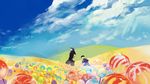  :d backpack bag black_hair blue_hair cloud day flower hand_on_hip komatsu_(toriko) mountain multiple_boys open_mouth ryouma_(888) scenery sky smile toriko toriko_(series) 
