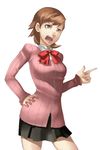  artist_request blazer bow brown_eyes brown_hair hand_on_hip jacket persona persona_3 pleated_skirt pointing reversed school_uniform short_hair simple_background skirt solo sweater takeba_yukari white_background 