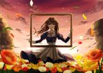  apron blurry braid brown_hair depth_of_field dress field flower flower_field green_eyes hair_over_shoulder hair_ribbon long_hair nora_(le-chat-noir) original petals picture_frame poppy_(flower) ribbon smile solo sunset twin_braids wind 