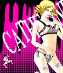  1boy 1girl amamiyakaduki atlus black_hair blonde_hair bottomless boxers bra catherine catherine_(game) drill_hair female green_eyes long_hair male midriff no_pants panties pillow shirtless short_hair thigh_strap tongue twin_drills twintails underwear vincent_brooks white_bra white_panties 