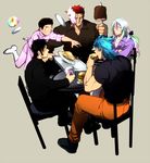  bad_id bad_pixiv_id beer_mug black_hair blue_hair boned_meat chair coco_(toriko) crossed_arms cup eating food food_on_face green_hair hamburger holding komatsu_(toriko) long_hair male_focus meat mee mug multicolored_hair multiple_boys muscle open_mouth plate shirt silver_hair simple_background sitting sleeves_rolled_up sunny_(toriko) table toriko toriko_(series) tray tripping zebra_(toriko) 