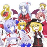  :d ^_^ akisome_hatsuka alice_margatroid alice_margatroid_(pc-98) ascot blonde_hair blue_eyes blue_hair bow closed_eyes hair_bobbles hair_ornament hair_ribbon hand_on_hip hat hat_ribbon long_hair low_wings luize mai_(touhou) maid maid_headdress multiple_girls mystic_square open_mouth pink_eyes purple_eyes ribbon sara_(touhou) shinki short_hair side_ponytail silver_hair smile touhou touhou_(pc-98) waving wings yellow_eyes yuki_(touhou) yumeko 