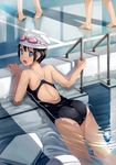  :o afloat ass bare_shoulders barefoot black_hair blue_eyes competition_school_swimsuit goggles goggles_on_head kickboard looking_back one-piece_swimsuit original out_of_frame partially_submerged pool pool_ladder poolside school_swimsuit short_hair swim_cap swimsuit water yokaze_japan 