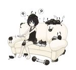  ? bare_shoulders barefoot black_hair blue_eyes book chips controller couch flag food game_console game_controller original potato_chips reading short_hair shu-mai solo sweatdrop teeth white_flag wii wii_remote yami_shoujo 