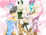  animal_ears biruteratai black_hair blonde_hair blue_hair bow bowtie bunny_ears bunny_tail bunnysuit detached_collar fishnet_pantyhose fishnets glasses heterochromia lavender_hair lavolpe_(yagisaka_seto) long_hair multiple_girls original pantyhose tail tailcoat wrist_cuffs yagisaka_seto 