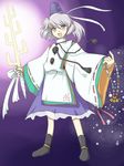  beads bell flx grey_eyes grey_hair hat japanese_clothes jingle_bell magatama mononobe_no_futo open_mouth ponytail prayer_beads seven-branched_sword silver_hair skirt solo sword tate_eboshi touhou weapon 