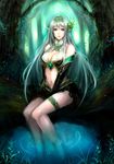  aqua_hairband bad_id bad_pixiv_id between_legs breasts cleavage elbow_gloves forest gloves grey_hair hair_ornament hairband hand_between_legs jewelry legband long_hair medium_breasts midriff nature navel necklace original pointy_ears ripples sasaki_ryou sitting soaking_feet solo tree water yellow_eyes 