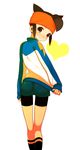  ass bike_shorts brown_hair endou_mamoru headband inazuma_eleven inazuma_eleven_(series) kneehighs male_focus otoko_no_ko smile solo tooru 