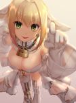  1girl alle_gro bangs bare_shoulders blonde_hair blush breasts bridal_veil chains closed_mouth elbow_gloves fate/extra fate/extra_ccc fate/grand_order fate_(series) gloves green_eyes hair_between_eyes hair_intakes large_breasts leaning_forward leotard lock long_hair looking_at_viewer nero_claudius_(bride)_(fate) nero_claudius_(fate)_(all) padlock pointing smile solo tongue tongue_out veil white_gloves white_leotard white_sleeves zipper 