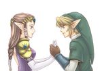  1girl armor blonde_hair blue_eyes blush braid brown_hair chikuwa_(rinka) earrings fingerless_gloves gloves hair_ornament hat holding_hands jewelry link long_hair open_mouth pointy_ears princess_zelda short_hair the_legend_of_zelda the_legend_of_zelda:_twilight_princess tiara 