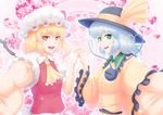  :d ascot blonde_hair bow dress flandre_scarlet foreshortening green_eyes hat hat_bow hat_ribbon heart heart-shaped_pupils holding_hands komeiji_koishi multiple_girls nazal open_mouth outstretched_arm red_eyes ribbon short_hair side_ponytail silver_hair smile sun_hat symbol-shaped_pupils third_eye touhou v-shaped_eyebrows wings 