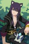  animal_ears bracelet bush field foliage grass grey_eyes highres jewelry long_hair looking_at_viewer male_focus mimi_(ranma3049) nature outdoors purple_hair repede sitting tales_of_(series) tales_of_vesperia yuri_lowell 