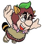  animal_ears brown_eyes brown_hair futatsuiwa_mamizou glasses hat leaf leaf_on_head leomodesto mario mario_(series) open_mouth parody raccoon_ears raccoon_tail short_hair skirt smile solo super_mario_bros. super_mario_bros._3 tail tanuki touhou 