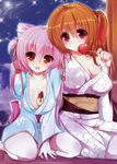  animal_ears barefoot between_breasts blush breasts brown_hair cassini_m_bisuko cat_ears cleavage food hair_ribbon highres japanese_clothes large_breasts long_hair multiple_girls no_bra open_mouth orange_hair original pink_hair purple_eyes ribbon shia_flatpaddy sitting syroh 