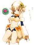  animal_ears bare_shoulders bell blonde_hair blue_eyes blush bow bridal_gauntlets horns kneeling midriff monster_girl monster_girl_encyclopedia ribbon sheep_girl short_hair shorts smile solo spandex text_focus translated weresheep wool yamamomo_mihisana 