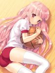  basketball blush buruma chitosezaka_suzu gym_uniform hakamada_hinata legs long_hair lying on_side pink_eyes pink_hair rou-kyuu-bu! smile solo thighhighs very_long_hair white_legwear 