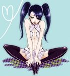  1girl arrancar bare_arms black_hair black_legwear bleach breast_squeeze breasts cleavage green_eyes loly loly_aivirrne long_hair midriff parted_lips sitting skirt skull sleeveless solo ssyk603 thighhighs twintails 
