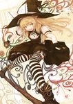  black_dress black_gloves blonde_hair braid broom broom_surfing dress gloves grimoire_of_marisa hair_ribbon hat highres kirisame_marisa long_hair mini-hakkero open_mouth ribbon solo striped striped_legwear thighhighs touhou witch witch_hat yellow_eyes yoss_3 zettai_ryouiki 