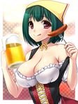  :p alcohol bad_id bad_pixiv_id bare_shoulders barmaid beer blush breasts cleavage corset dirndl food fork german_clothes green_hair head_scarf idolmaster idolmaster_(classic) large_breasts mole mole_under_mouth off_shoulder oktoberfest otonashi_kotori red_eyes sausage short_hair smile solo tongue tongue_out totokichi underbust 