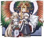  4girls absurdres altera_(fate) altera_the_santa antlers aoi_suzu artoria_pendragon_(all) bell blonde_hair bow cape dark_excalibur earmuffs fake_facial_hair fake_mustache fake_wings fate/grand_order fate_(series) fur-trimmed_cape fur_trim gift green_eyes hat highres huge_filesize jeanne_d&#039;arc_(fate)_(all) jeanne_d&#039;arc_alter_santa_lily multiple_girls one_eye_closed quetzalcoatl_(fate/grand_order) quetzalcoatl_(samba_santa)_(fate) red_eyes sack santa_alter santa_costume santa_hat smile white_hair wings yellow_eyes 