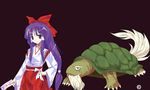  alphes_(style) genjii hair_ribbon hair_tubes hakurei_reimu hakurei_reimu_(pc-98) japanese_clothes kaoru_(gensou_yuugen-an) miko ofuda parody purple_eyes purple_hair ribbon smile style_parody touhou touhou_(pc-98) turtle 