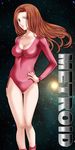  alternate_hair_color alternate_hairstyle bad_id bad_pixiv_id breasts cleavage collarbone copyright_name eyes_visible_through_hair floating_hair gradient hand_on_hip highres impossible_clothes impossible_leotard legs leotard light_smile lips long_hair looking_at_viewer medium_breasts metroid metroid_(classic) red_leotard samus_aran sky smile solo space standing star_(sky) starry_sky tamamon thigh_gap 