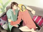  animal_ears barnaby_brooks_jr blonde_hair blush bottomless brown_hair bunny_ears couch facial_hair green_eyes jewelry kaburagi_t_kotetsu maco_latte male_focus multiple_boys necktie pillow ring short_hair sitting sleeping stubble tiger_&amp;_bunny wedding_band 