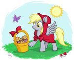  basket blonde_hair bow butterfly cross-eyed crossover derpy_hooves derpy_hooves_(mlp) dr_chrissy equine female feral friendship_is_magic grass gray_body grey_body hair horse insect little_red_riding_hood mammal muffin_basket muffins mushroom my_little_pony pegasus pony solo sun wings yellow_eyes 