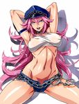  armpits arms_up big_hair blue_eyes blue_shorts blush breasts choker covered_nipples cuffs denim denim_shorts denki_shougun final_fight handcuffs hat large_breasts long_hair midriff navel no_bra open_mouth peaked_cap pink_hair poison_(final_fight) see-through shorts smile solo street_fighter tank_top unbuttoned 
