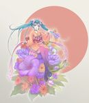  absurdres aqua_eyes aqua_hair flower gradient_hair hair_flower hair_ornament hatsune_miku highres japanese_clothes kimono kimono_skirt long_hair mins_(minevi) multicolored_hair obi sandals sash solo twintails vocaloid 