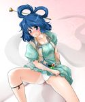  blue_eyes blue_hair blush dress dress_lift hair_ornament hair_stick k2isu kaku_seiga long_hair panties sitting solo spread_legs touhou underwear white_panties 