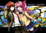  5pb. :d bad_id bad_pixiv_id black_legwear blush bow brown_hair caution_tape chaos;head company_connection crossover hair_ribbon jacket keep_out legwear_under_shorts long_hair looking_at_viewer makise_kurisu multiple_girls necktie nitroplus one_side_up open_mouth pantyhose pink_eyes pink_hair plaid plaid_skirt purple_eyes red_neckwear ribbon sakihata_rimi school_uniform shorts skirt smile steins;gate thighhighs uka_(color_noise) zettai_ryouiki 