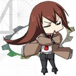  animated animated_gif blue_eyes brown_hair chibi gears jacket long_hair lowres makise_kurisu necktie pantyhose pose red_neckwear shorts solo steins;gate uemukai_dai 