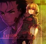  1girl amane_suzuha bandages belt black_hair braid brown_eyes brown_hair fingerless_gloves gloves inset load_bearing_vest misti okabe_rintarou pouch short_hair spoilers steins;gate 