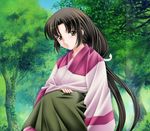  bad_id bad_pixiv_id black_hair brown_eyes forest highres inuyasha japanese_clothes kimono long_hair low-tied_long_hair nature sango solo tamamon 