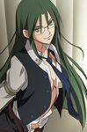  armpit_hair asougi_rin belt breasts cleavage glasses green_eyes green_hair haruyama_kazunori long_hair medium_breasts mnemosyne necktie no_panties open_clothes open_shirt pubic_hair shirt solo 