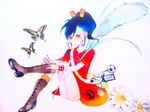  bad_id bad_pixiv_id blue_hair boots bug butterfly dress flower inazuma_eleven_(series) inazuma_eleven_go insect joe_konishi male_focus marker_(medium) sitting solo traditional_media tsurugi_kyousuke 